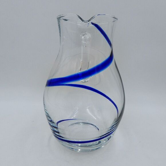 Pier 1 One Swirline Pitcher Clear Glass With Cobalt Blue Swirl 10 Inch Tall - Picture 2 of 9